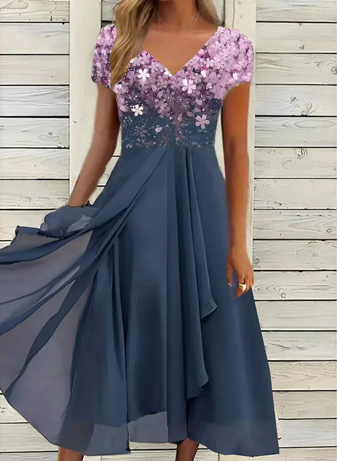 Adelaide - Elegant Women's Dress with Floral Embellishments and Flowing Skirt