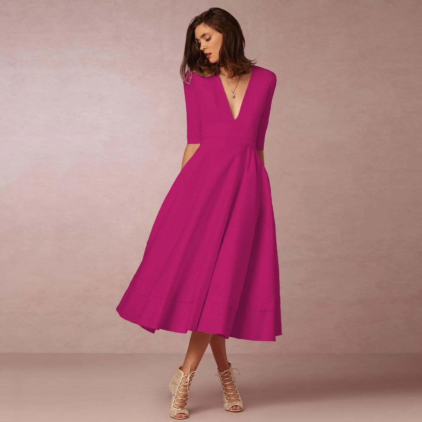 Demelza- Elegant Women's Princess Dress with V-neck and Flared Skirt