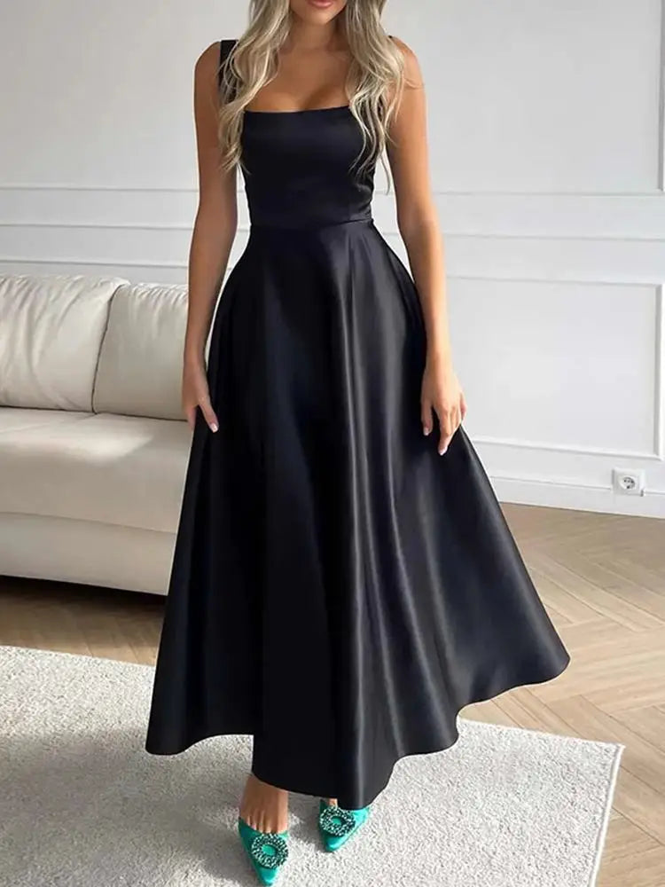 Bianca - Elegant A-line Midi Dress with Square Neckline and Spaghetti Straps