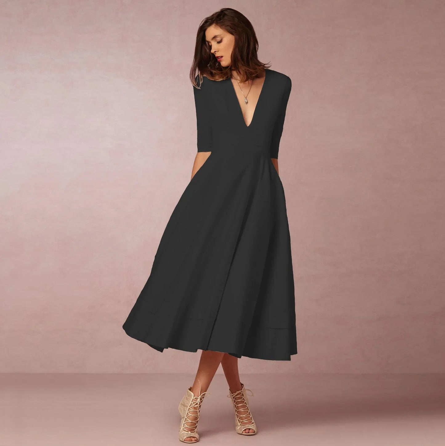 Demelza- Elegant Women's Princess Dress with V-neck and Flared Skirt