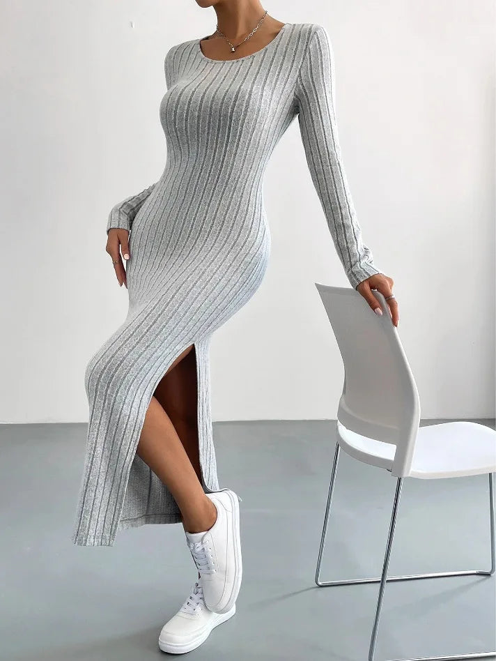 Carlene - Chic Long-Sleeved Knitted Dress with Elegant Fit and Side Slit