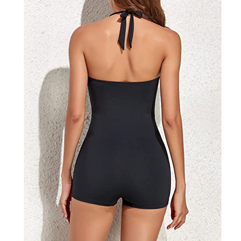 Laila - Navy Ruched Halter Boyleg One Piece Swimsuit