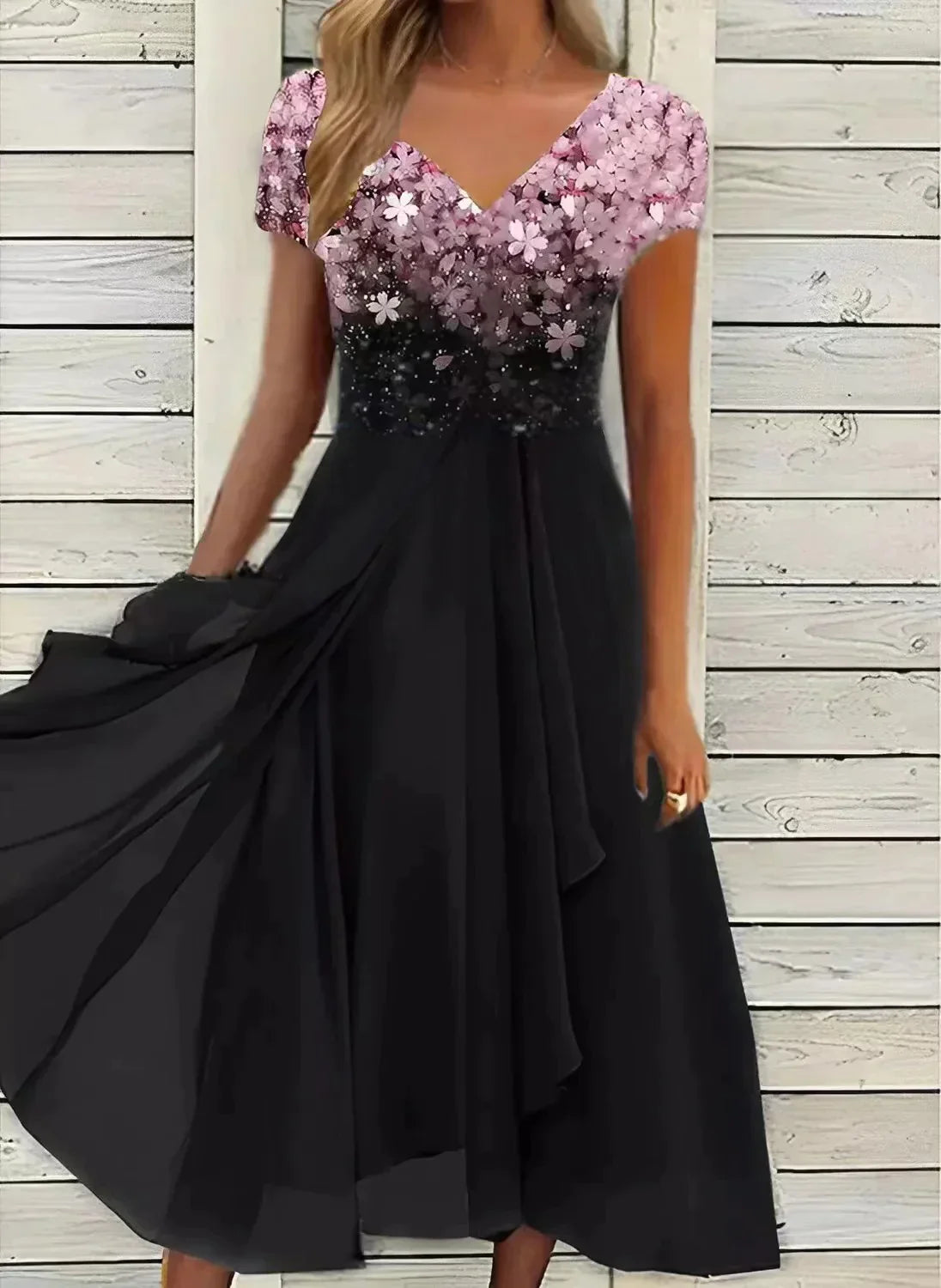 Adelaide - Elegant Women's Dress with Floral Embellishments and Flowing Skirt