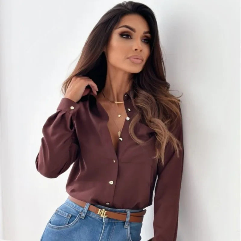 June - Elegant Chiffon Blouse with Long Sleeves and V-neckline