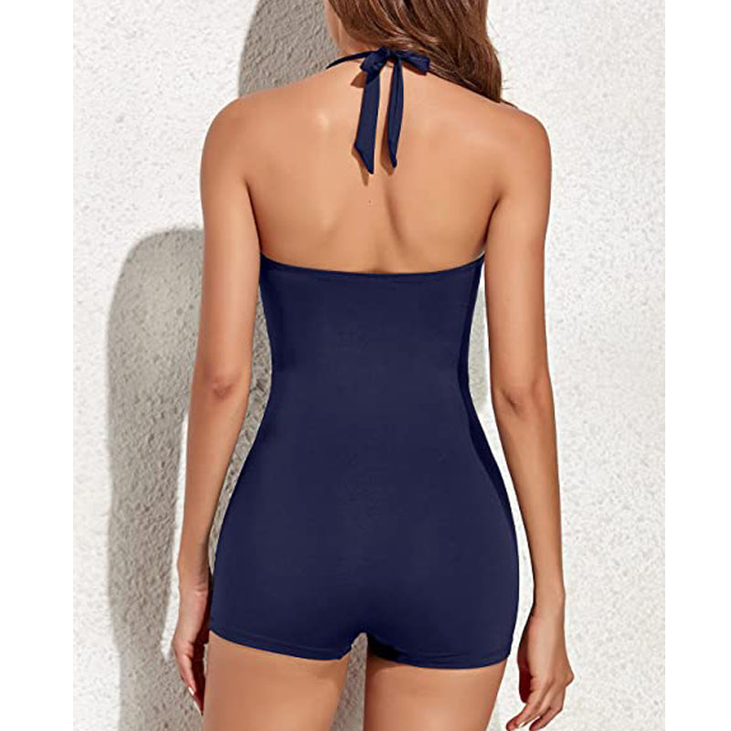 Laila - Navy Ruched Halter Boyleg One Piece Swimsuit