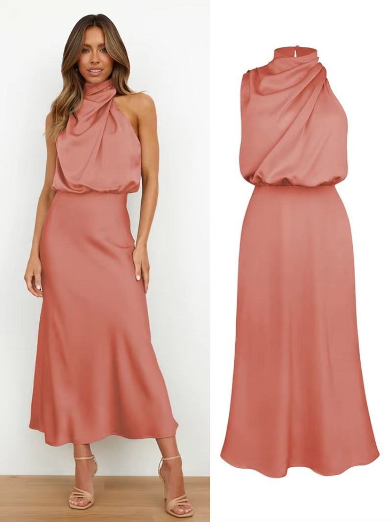 Marcy - Satin Halter Midi Cocktail Dress For Women