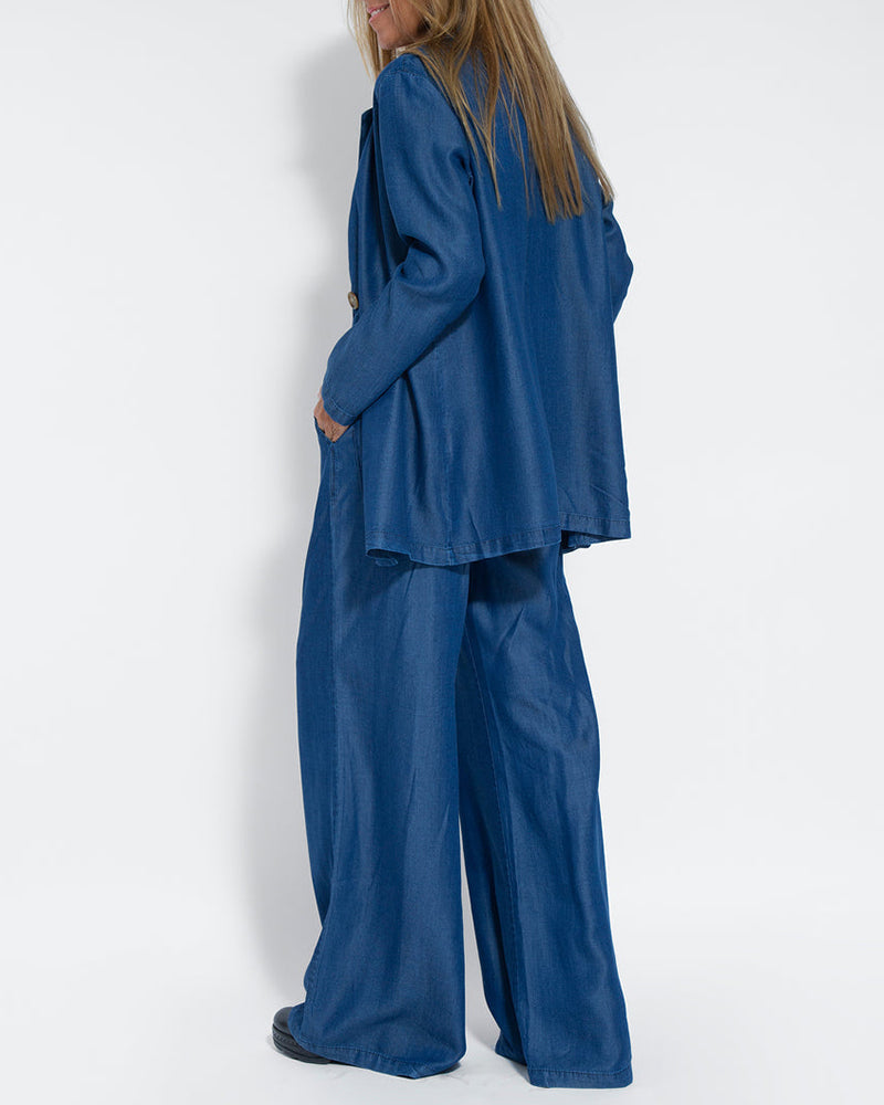 Alexandria - Women's Elegant 2-Piece Linen Set with Wide-Leg Trousers and Cardigan