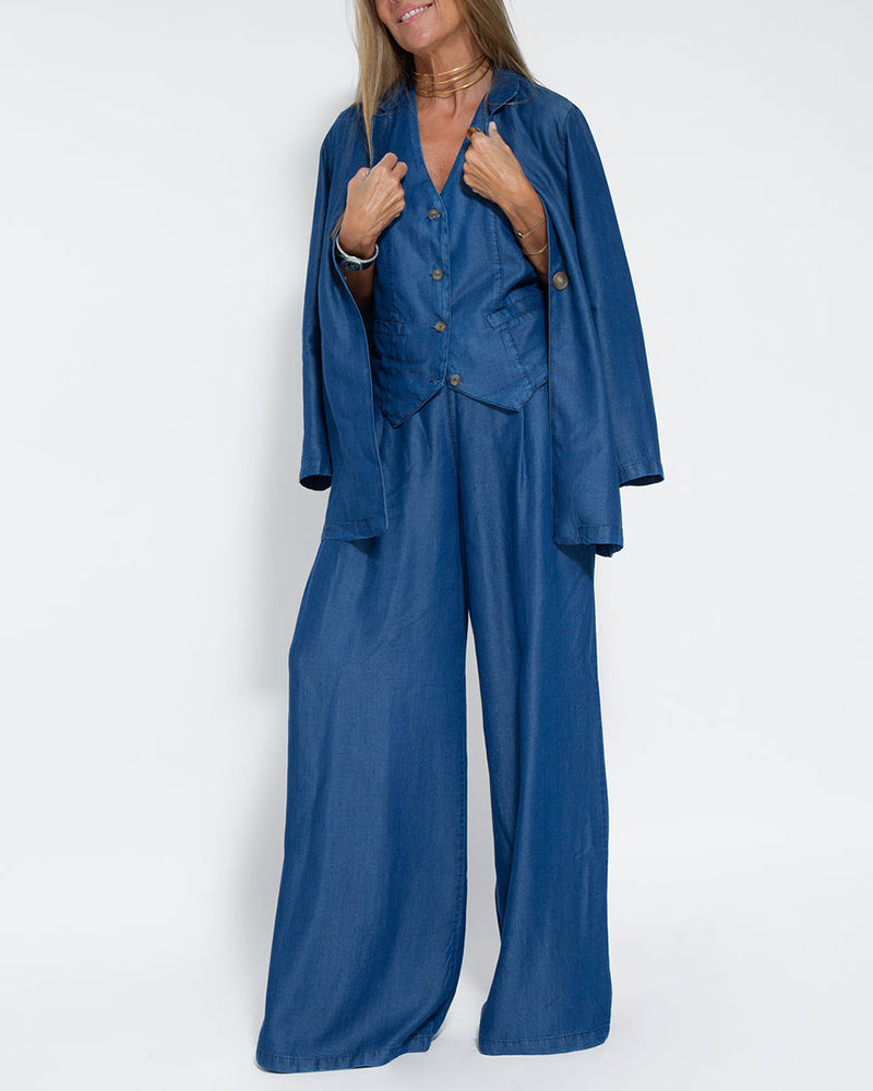Alexandria - Women's Elegant 2-Piece Linen Set with Wide-Leg Trousers and Cardigan
