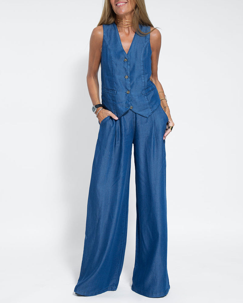 Alexandria - Women's Elegant 2-Piece Linen Set with Wide-Leg Trousers and Cardigan