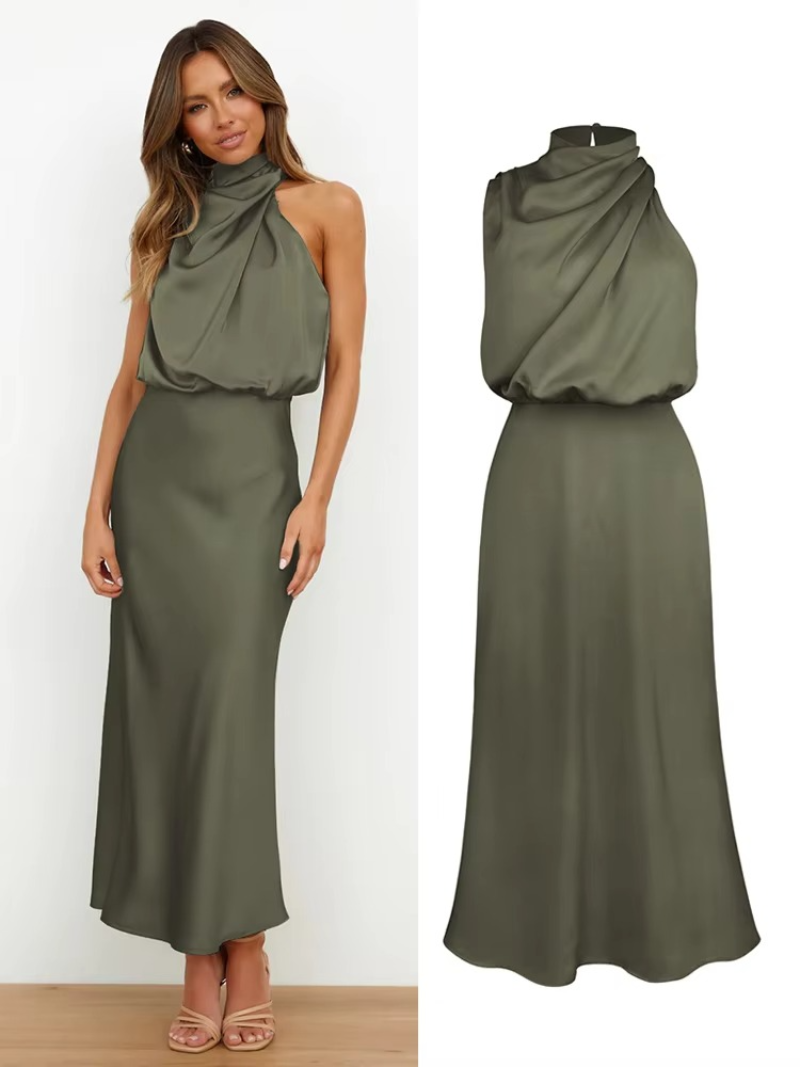 Marcy - Satin Halter Midi Cocktail Dress For Women