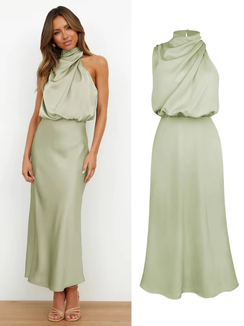 Marcy - Satin Halter Midi Cocktail Dress For Women
