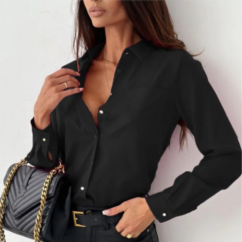 June - Elegant Chiffon Blouse with Long Sleeves and V-neckline