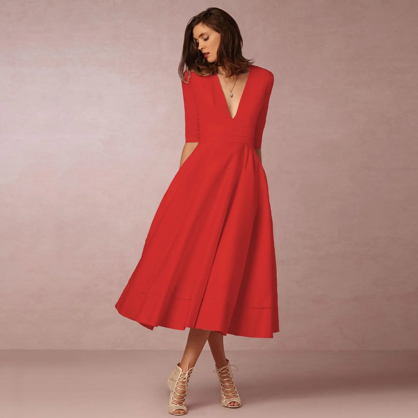 Demelza- Elegant Women's Princess Dress with V-neck and Flared Skirt