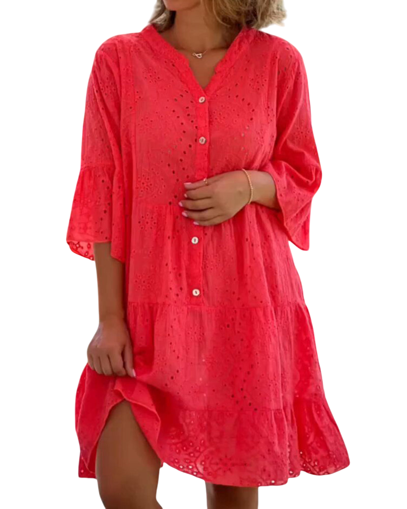 Candela - Breathable Women's Summer Dress with Flattering V-neck and Flared Sleeves