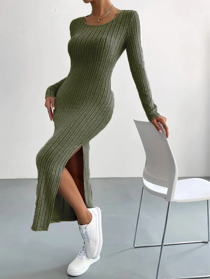 Carlene - Chic Long-Sleeved Knitted Dress with Elegant Fit and Side Slit