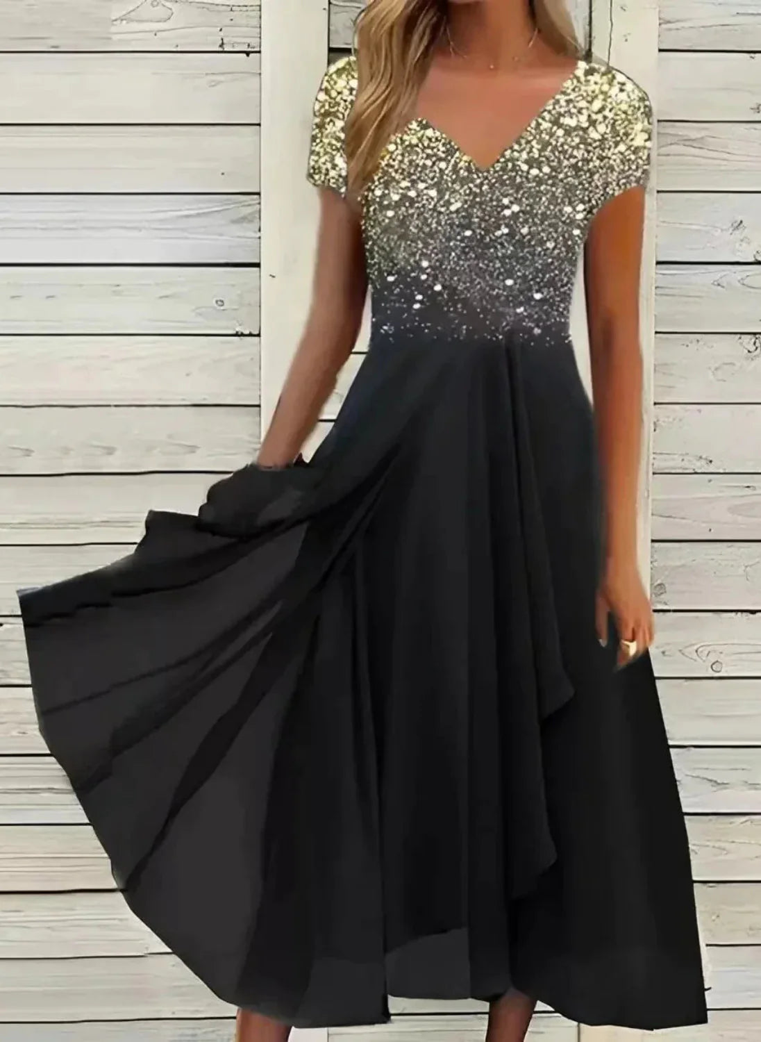 Adelaide - Elegant Women's Dress with Floral Embellishments and Flowing Skirt