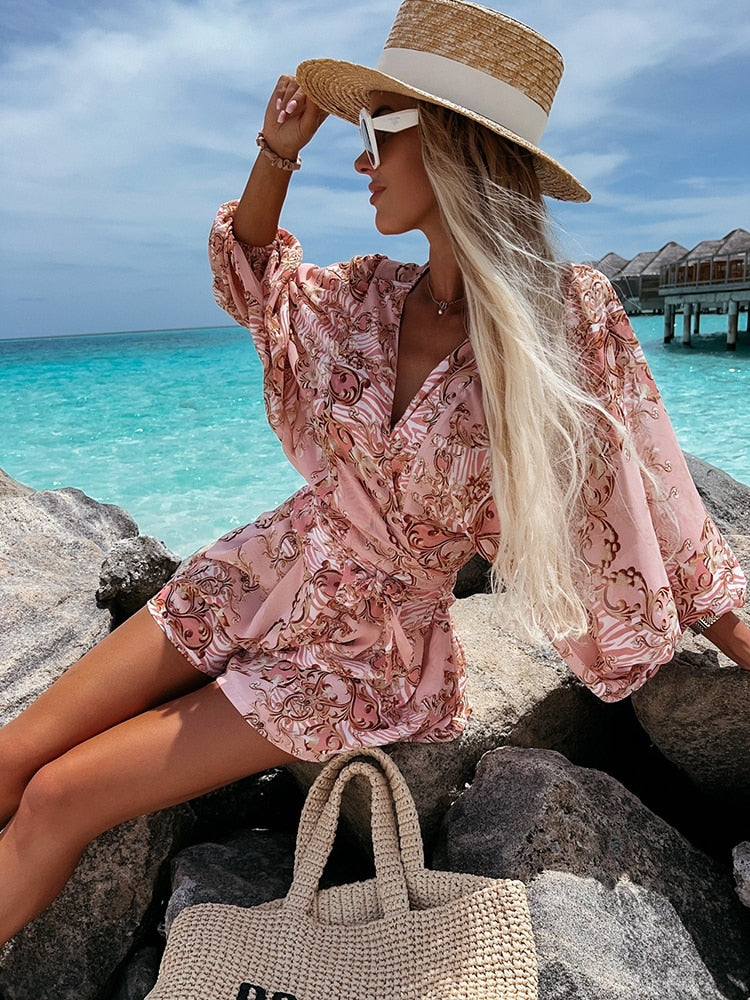 Alayna - Stylish Women's Beach Play Dress with Deep V-neck and Lantern Sleeves