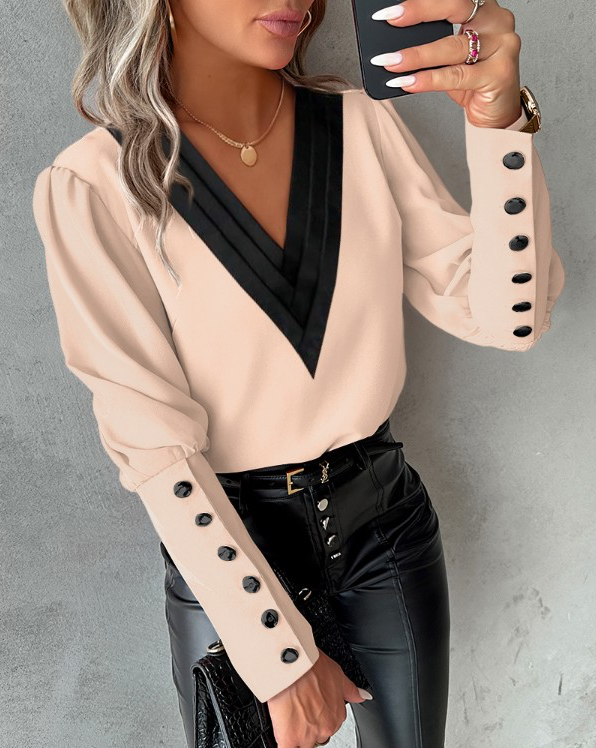 Vespera - Stylish Women's Blouse with Buttoned Sleeves and V-neck Design