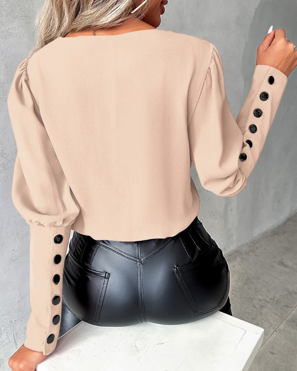 Vespera - Stylish Women's Blouse with Buttoned Sleeves and V-neck Design