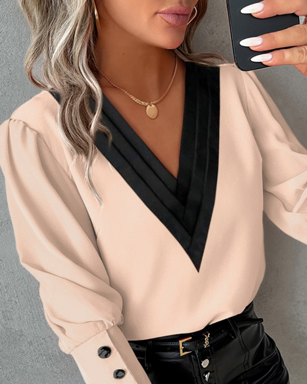 Vespera - Stylish Women's Blouse with Buttoned Sleeves and V-neck Design