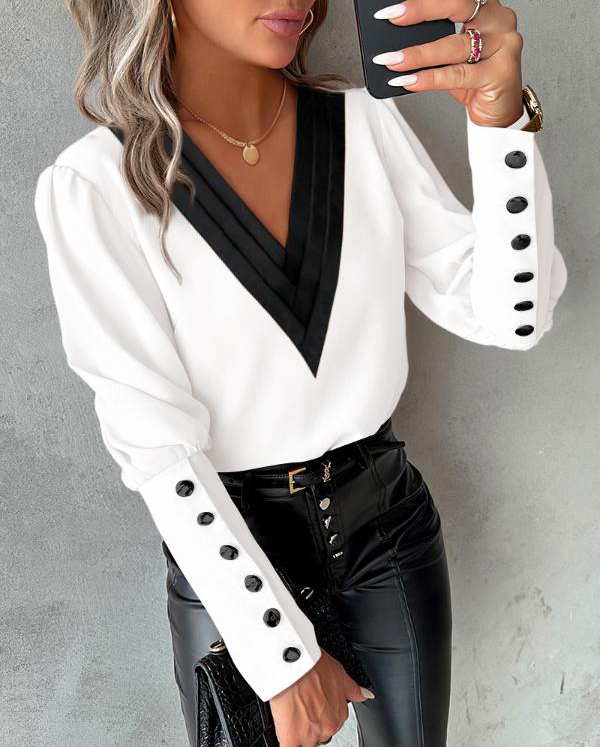 Vespera - Stylish Women's Blouse with Buttoned Sleeves and V-neck Design