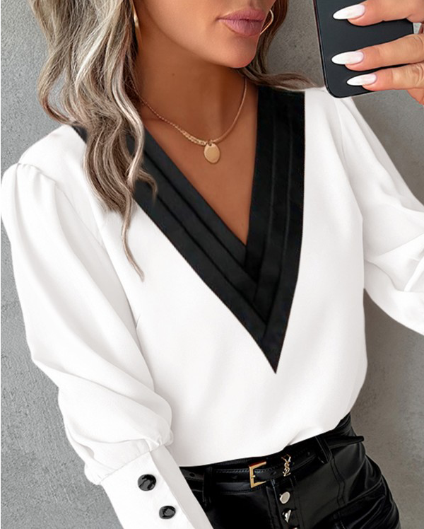 Vespera - Stylish Women's Blouse with Buttoned Sleeves and V-neck Design