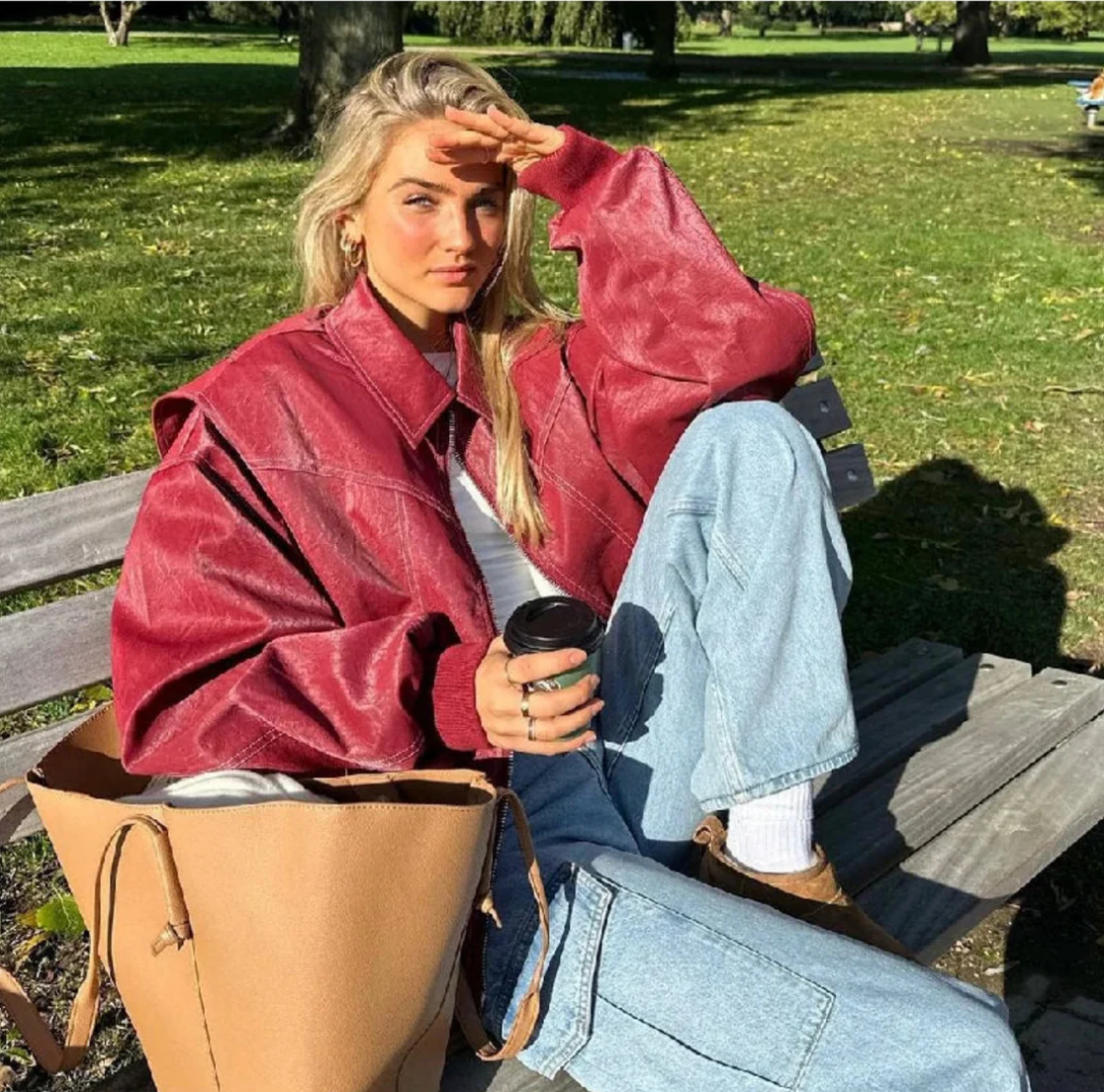 Isabel - Trendy Red Oversized Leather Jacket for Bold Fashion Statements