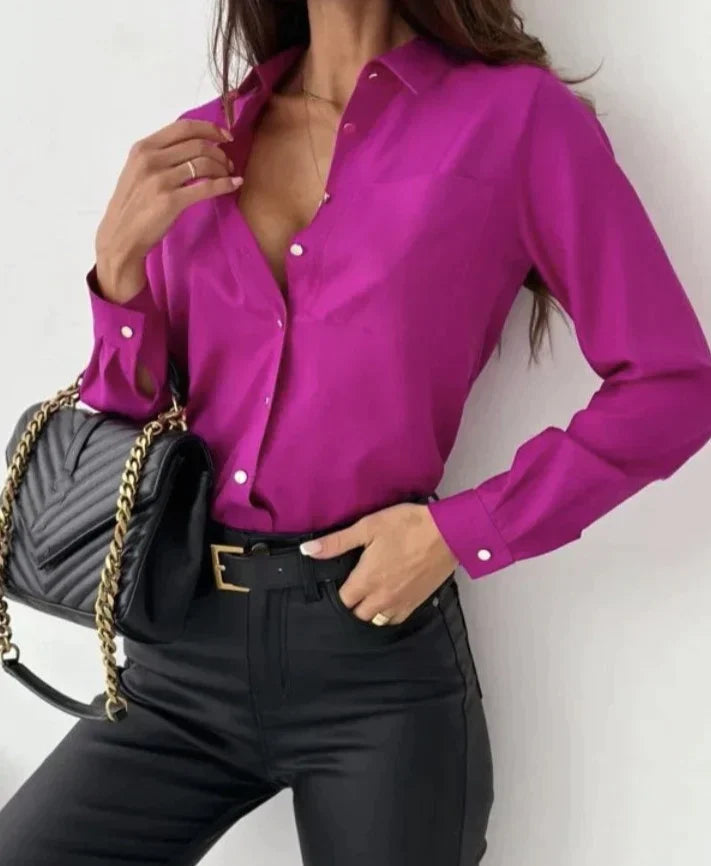 June - Elegant Chiffon Blouse with Long Sleeves and V-neckline