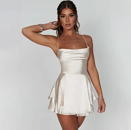 Rowena - Sexy Satin Mini Dress with Cowl Neckline and Ruffle Hem