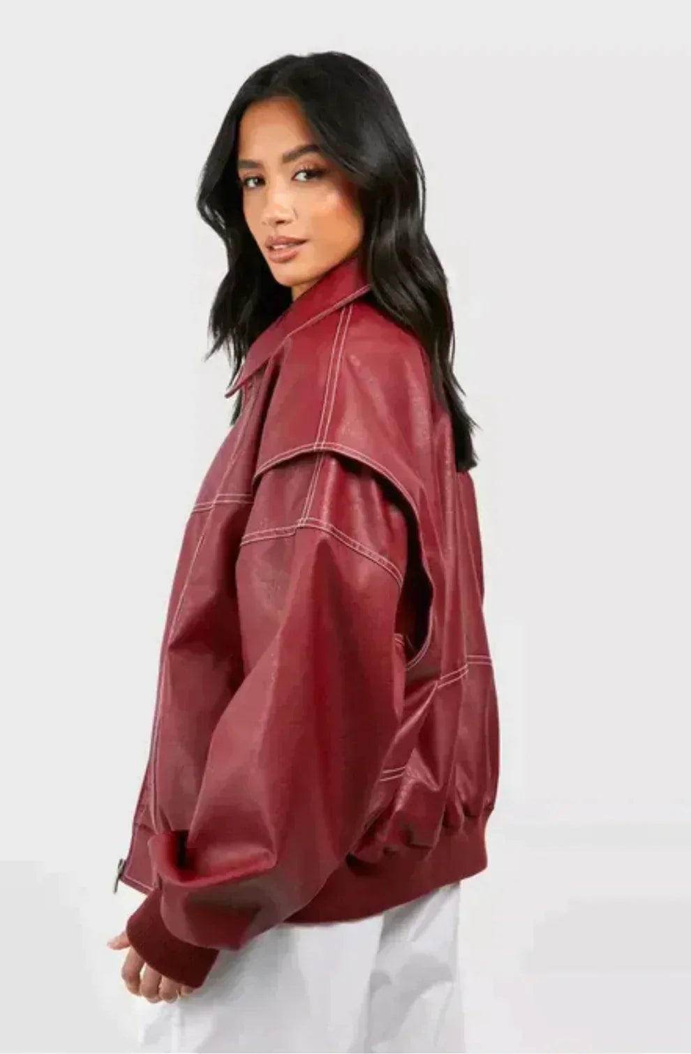 Isabel - Trendy Red Oversized Leather Jacket for Bold Fashion Statements