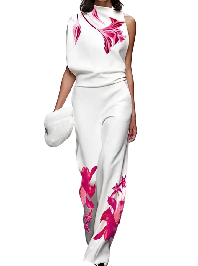 Bina - Urban Floral Women's Co-ord Set with Sleeveless High Neck Top and Wide-Leg Trousers