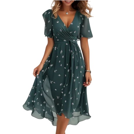 Loretta - Elegant Women's Wrap Midi Dress with Flutter Sleeves and Floral Print