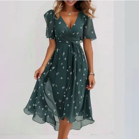 Loretta - Elegant Women's Wrap Midi Dress with Flutter Sleeves and Floral Print