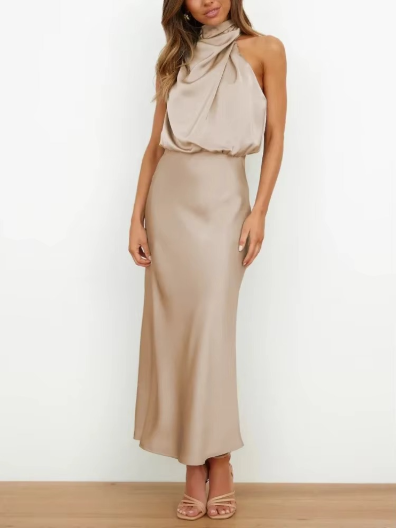 Marcy - Satin Halter Midi Cocktail Dress For Women