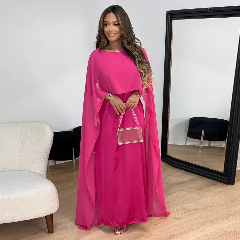 Katie - Elegant and Luxurious Satin Maxi Dress with Boat Neckline and Cape Sleeves