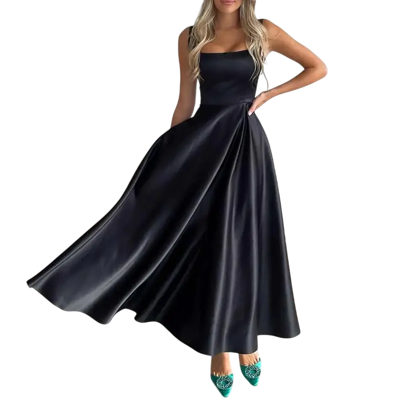 Bianca - Elegant A-line Midi Dress with Square Neckline and Spaghetti Straps