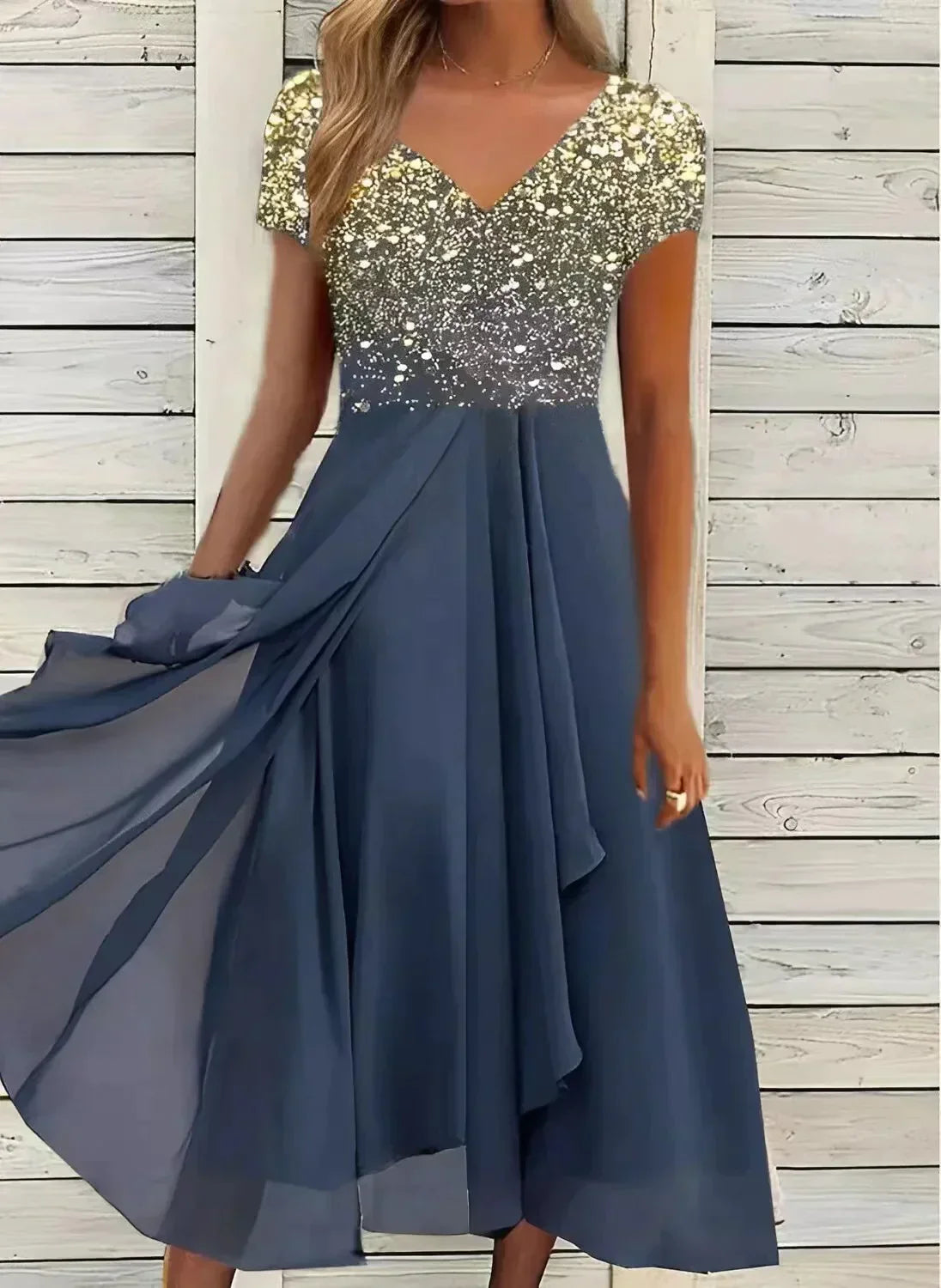 Adelaide - Elegant Women's Dress with Floral Embellishments and Flowing Skirt