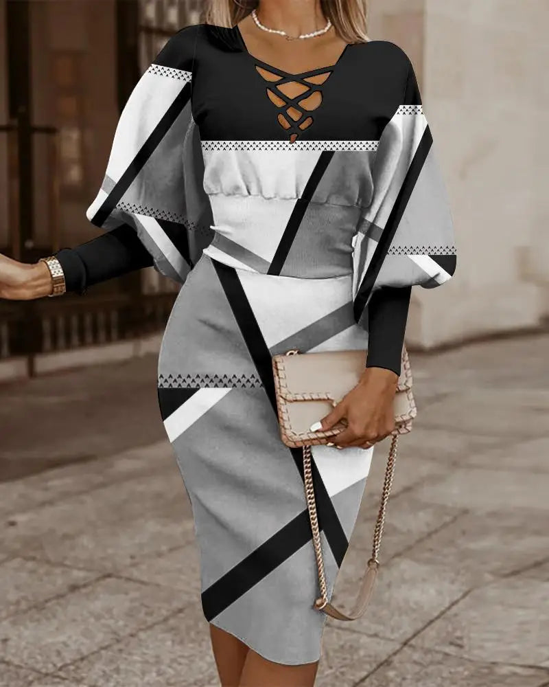 Cassia - Elegant Midi Dress with Lantern Sleeves for Every Occasion