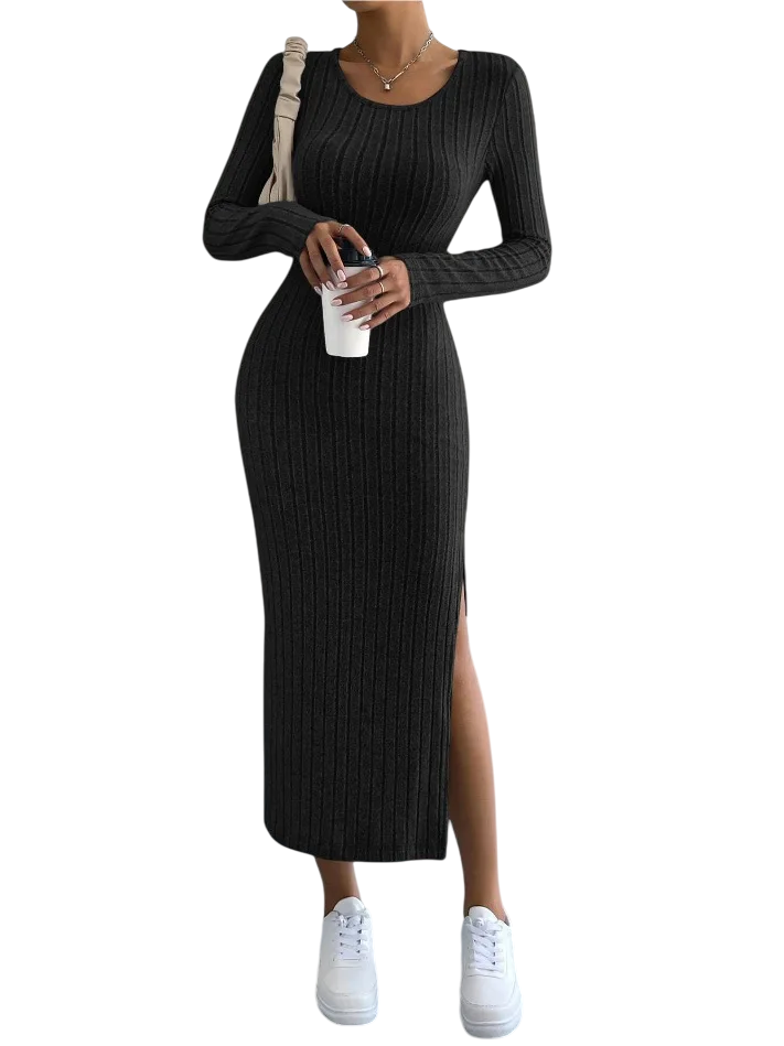 Carlene - Chic Long-Sleeved Knitted Dress with Elegant Fit and Side Slit