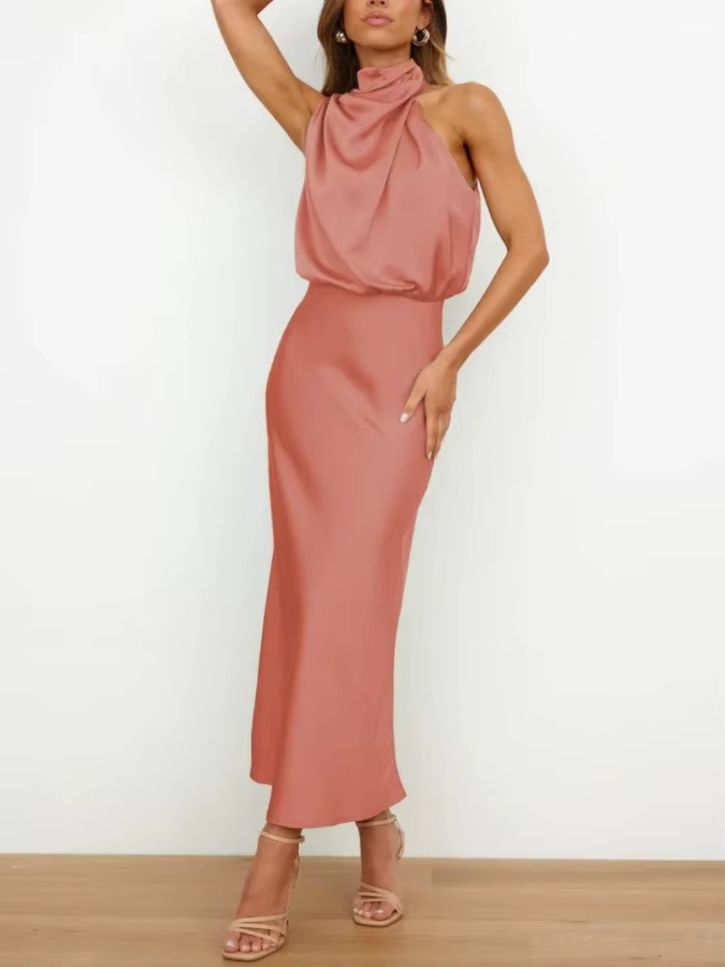 Marcy - Satin Halter Midi Cocktail Dress For Women