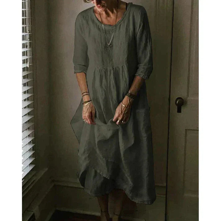 Iseult - Loose Fit Cotton Linen Women's Dress with Asymmetric Hem and Pockets