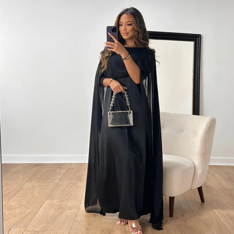 Katie - Elegant and Luxurious Satin Maxi Dress with Boat Neckline and Cape Sleeves