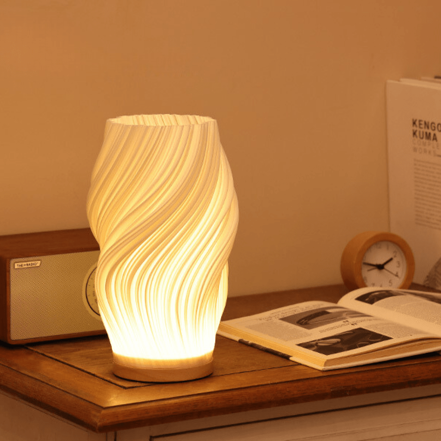 Torchora - Serene Wavecrest Lamp With Warm Wood Base Glow