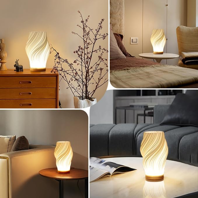 Torchora - Serene Wavecrest Lamp With Warm Wood Base Glow