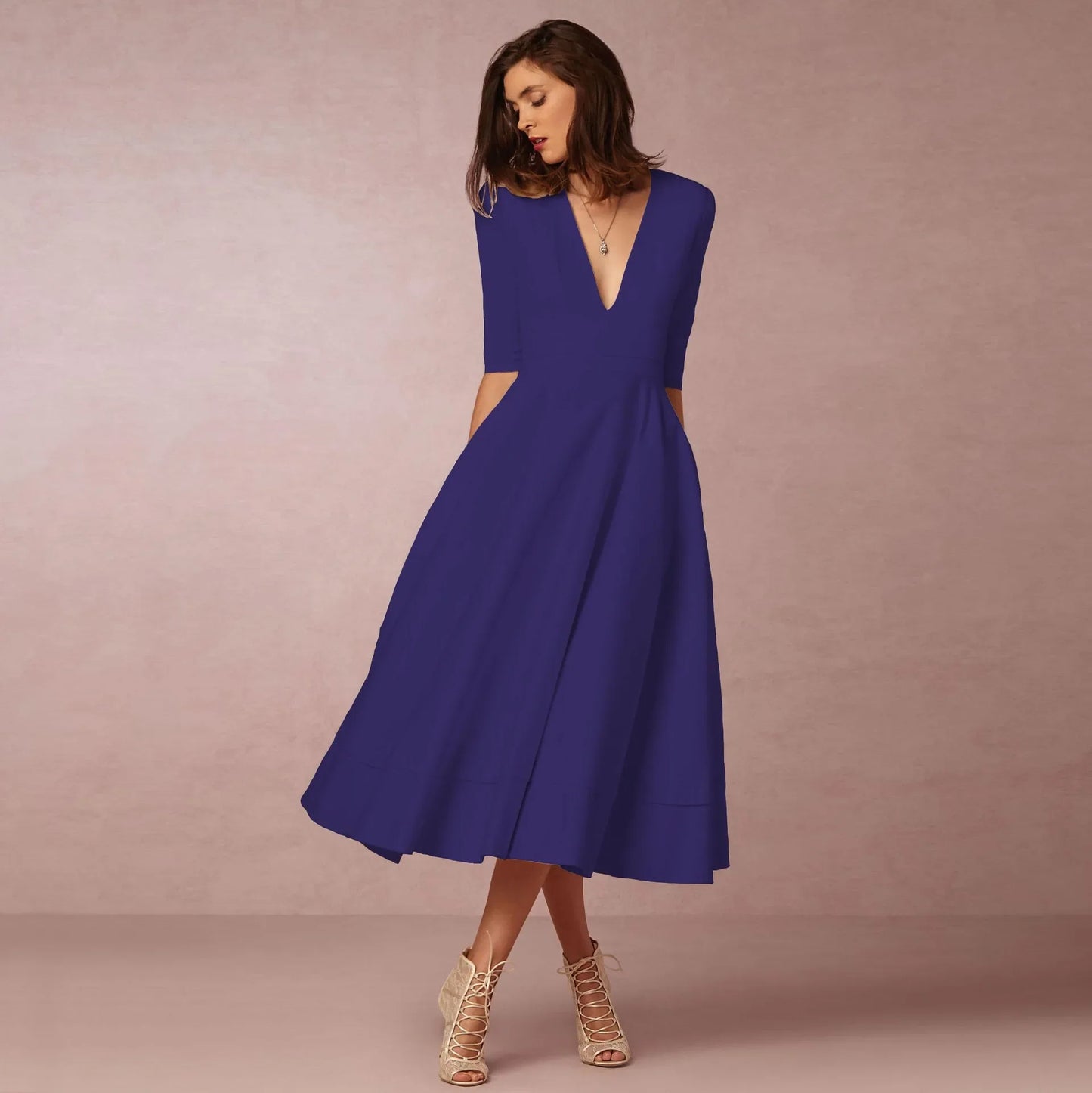 Demelza- Elegant Women's Princess Dress with V-neck and Flared Skirt