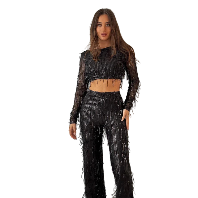 Anastasie- Stylish Women's Crop Top Trouser Set with Frills and Sequins