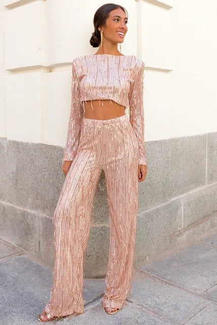 Anastasie- Stylish Women's Crop Top Trouser Set with Frills and Sequins