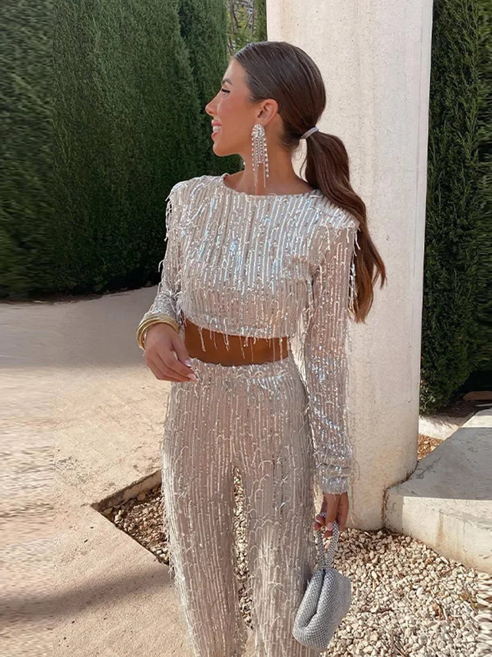 Coby - Elegant Sequin Crop Top and Wide-Legged Trousers Set