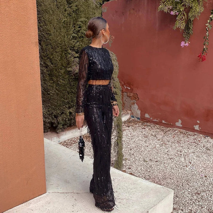 Coby - Elegant Sequin Crop Top and Wide-Legged Trousers Set