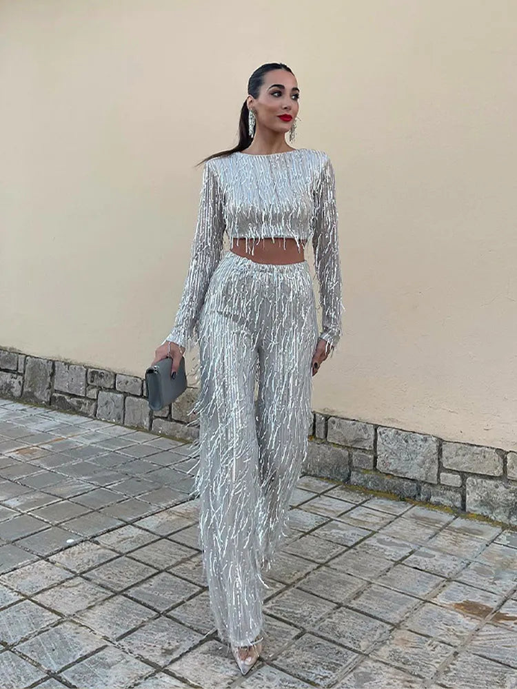 Anastasie- Stylish Women's Crop Top Trouser Set with Frills and Sequins